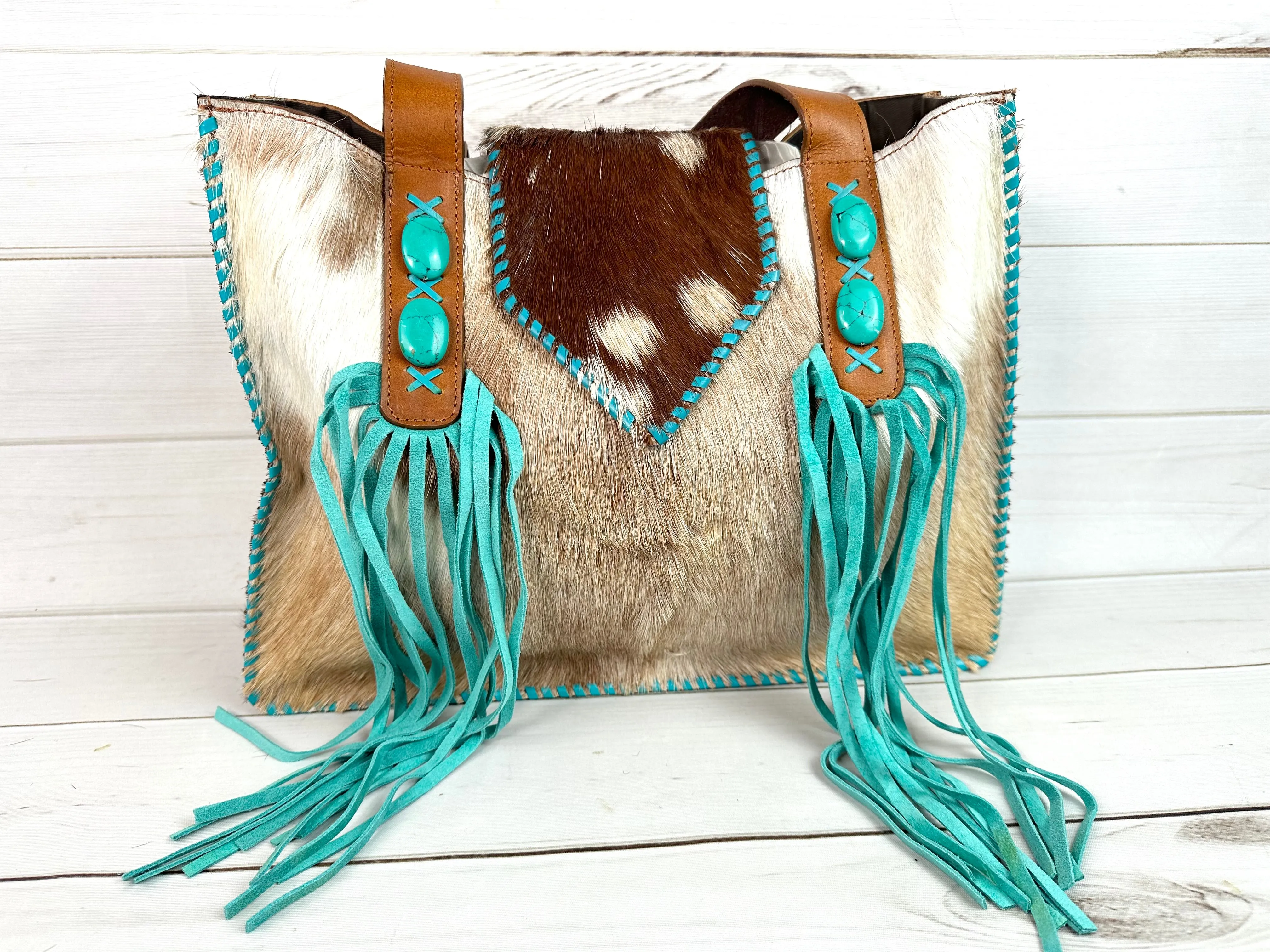 Cowgirl Brown Cowhide Turquoise Fringe Tote