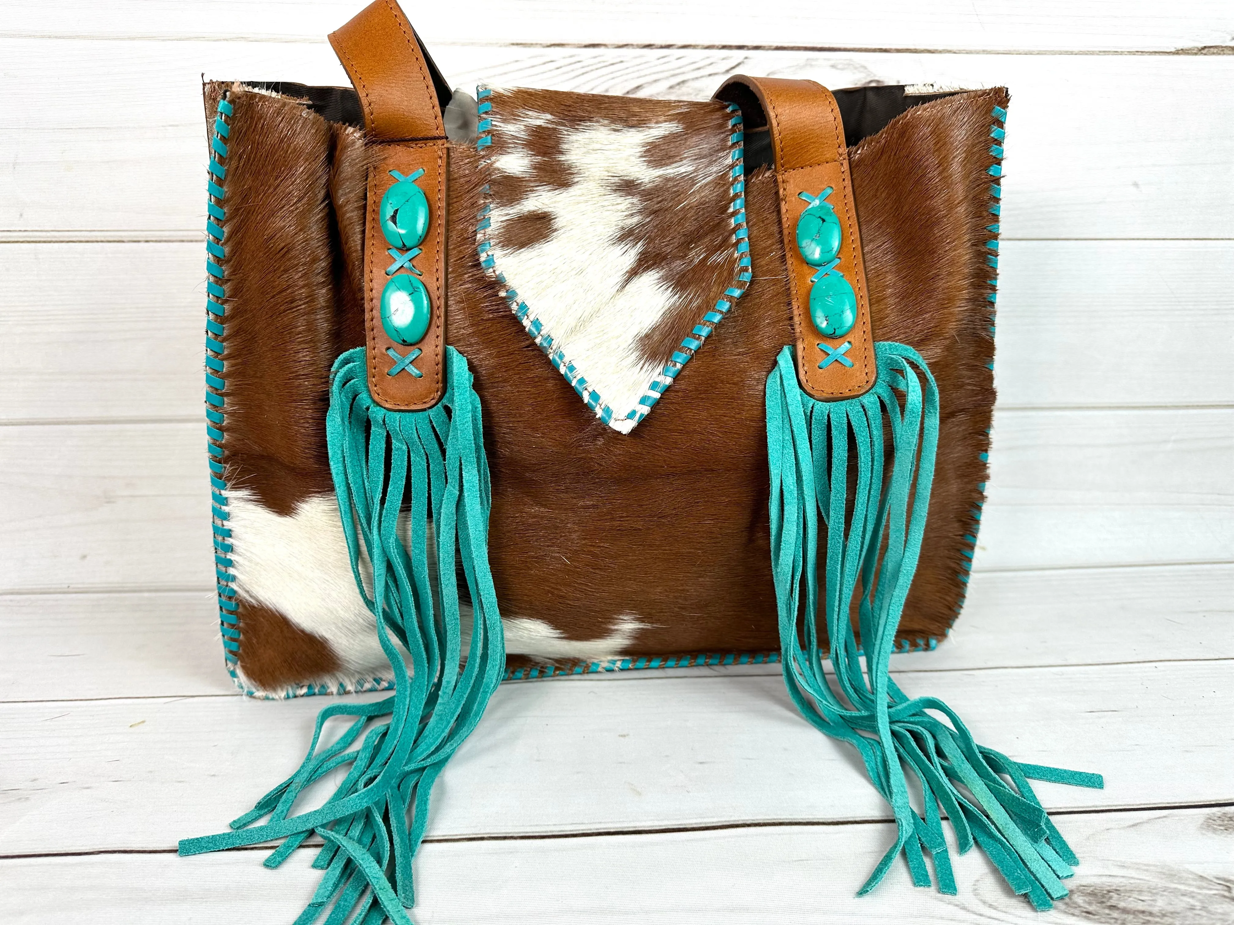 Cowgirl Brown Cowhide Turquoise Fringe Tote