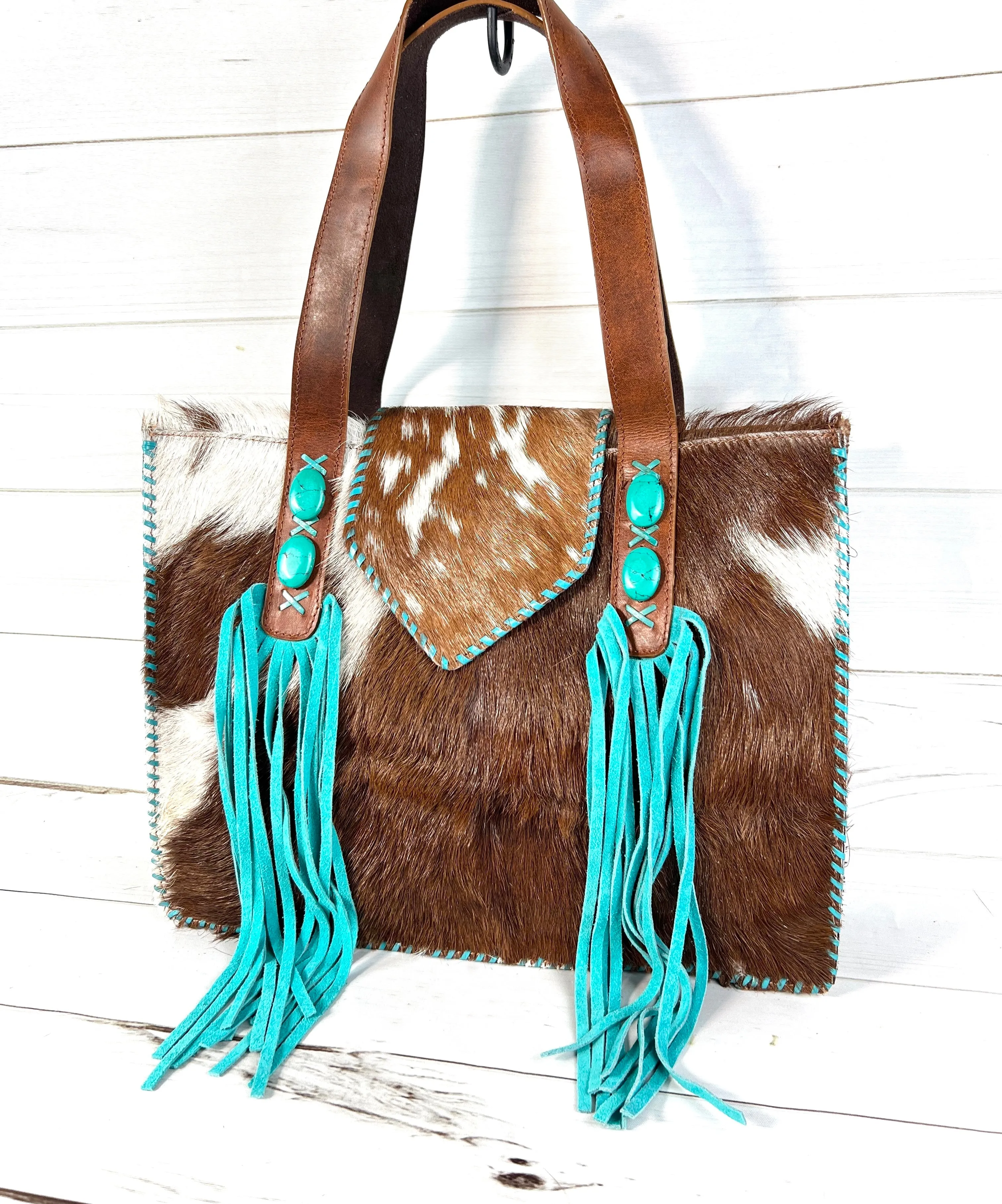 Cowgirl Brown Cowhide Turquoise Fringe Tote