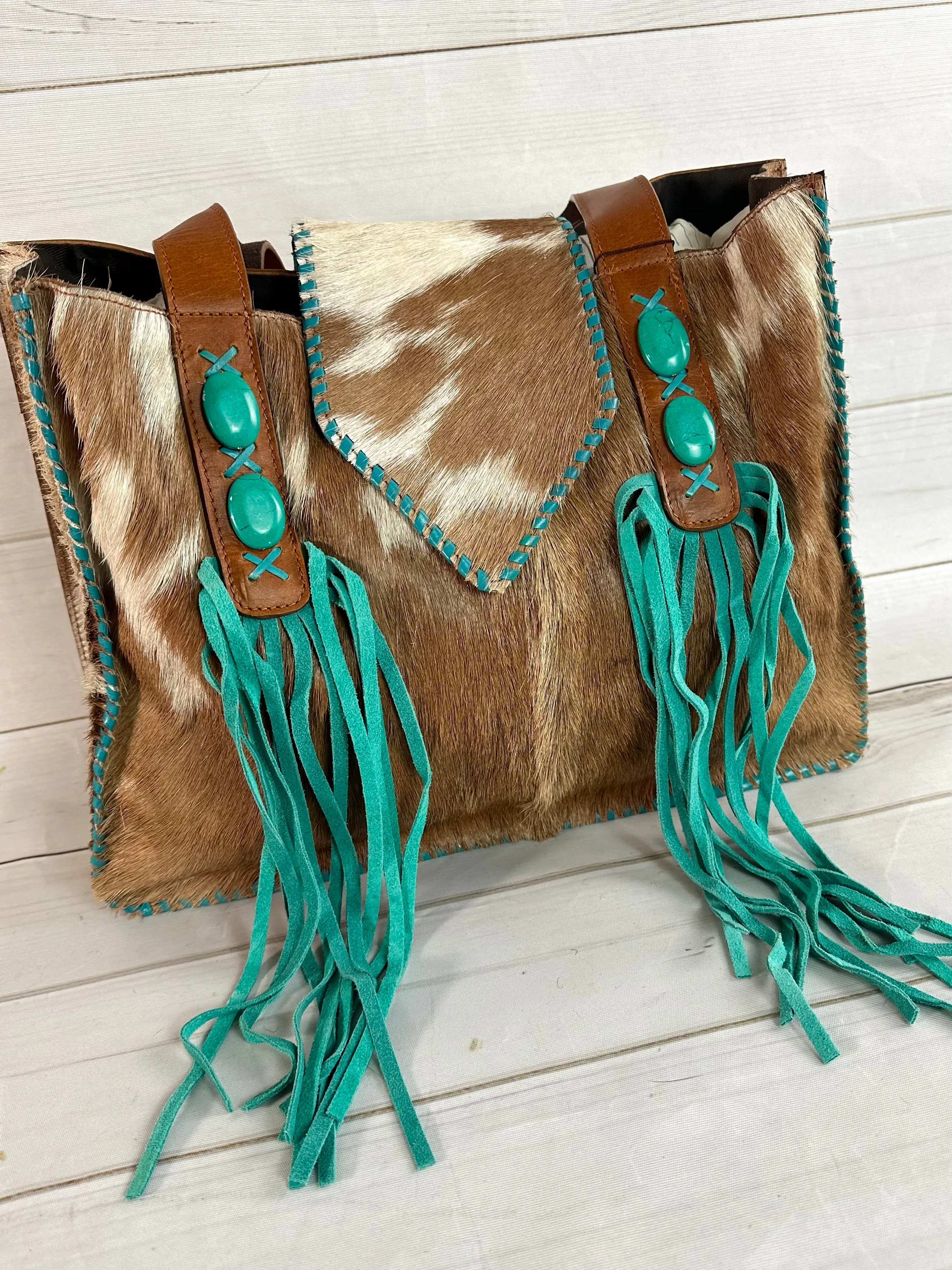 Cowgirl Brown Cowhide Turquoise Fringe Tote