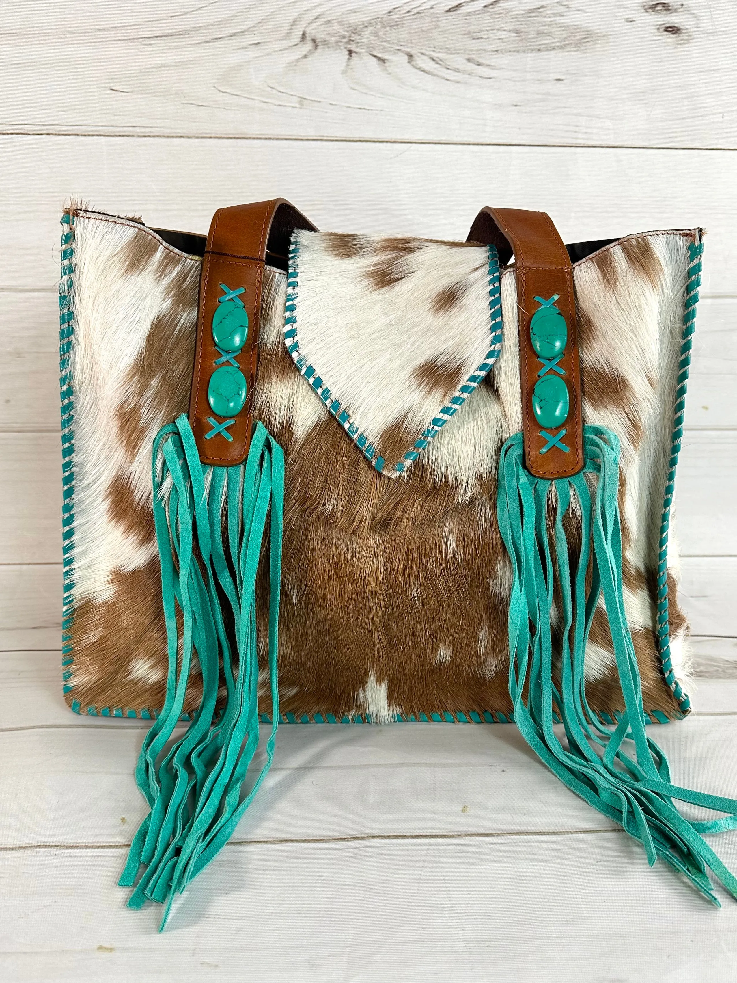 Cowgirl Brown Cowhide Turquoise Fringe Tote