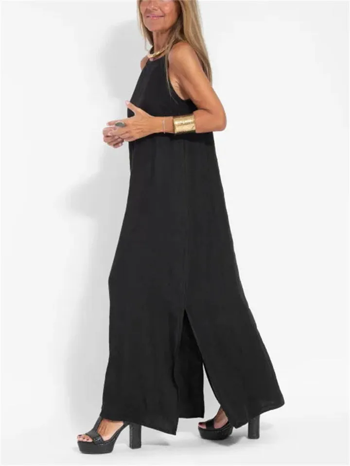 Cozy Flowy Cotton Linen Side Split Tank Dress for Women