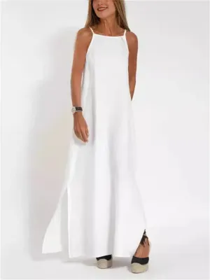 Cozy Flowy Cotton Linen Side Split Tank Dress for Women