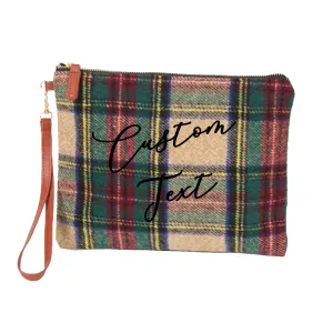 Custom Text Beige and Green Plaid Clutch Bag