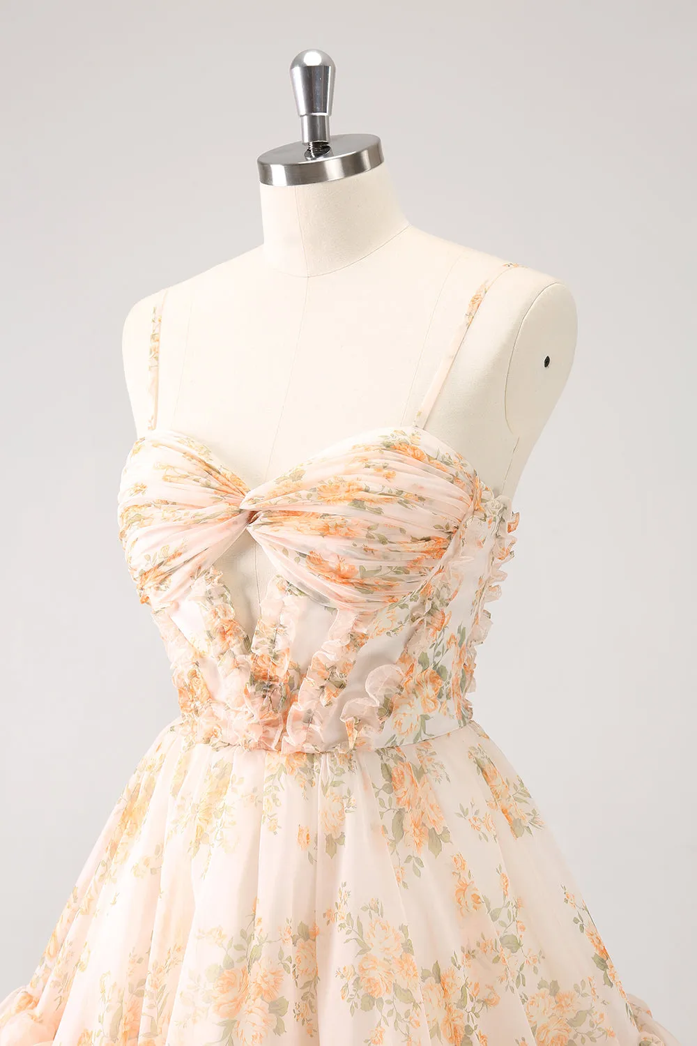 Cute Yellow A Line Cut Out Tiered Print Floral Homecoming Dress with Ruffles