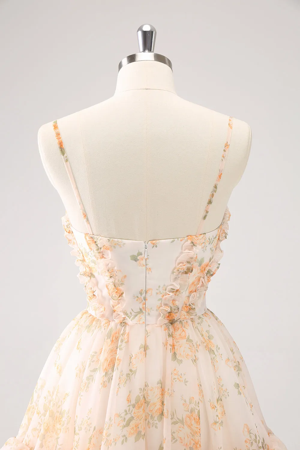 Cute Yellow A Line Cut Out Tiered Print Floral Homecoming Dress with Ruffles