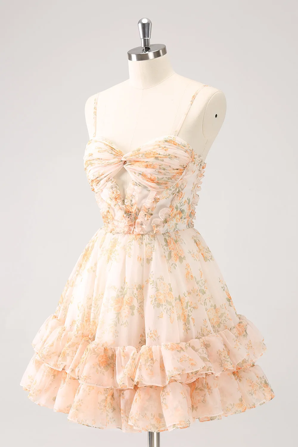 Cute Yellow A Line Cut Out Tiered Print Floral Homecoming Dress with Ruffles