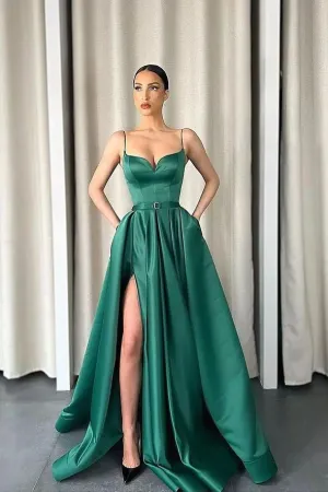 Dark Green Spaghetti-Strapes Slit Evening Dress Long With Pockets