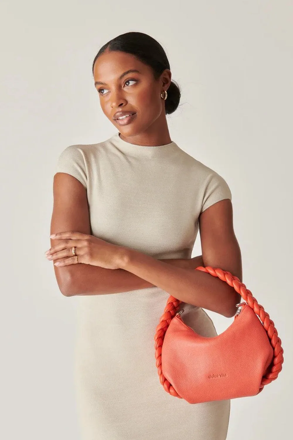 DOLCE VITA Pippa Crossbody Shoulder Bag Soft Pebbled Leather Braided Handle