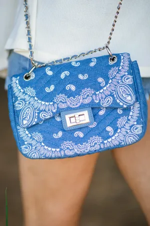 Dusty Blue Paisley Print Quilted Handbag