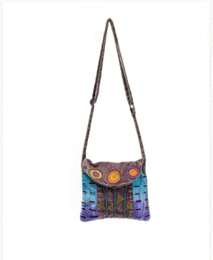 Earth Divas - Brown Stonewash Crossbody Bag w/Hand-Stitched Flower