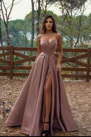 Elegant Spaghetti-Straps V-Neck Prom Dress Long With Split