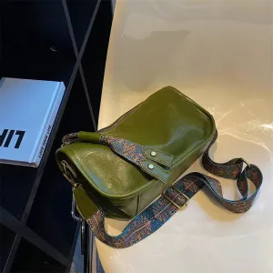 Embroidered Strap Leather Shoulder Bag
