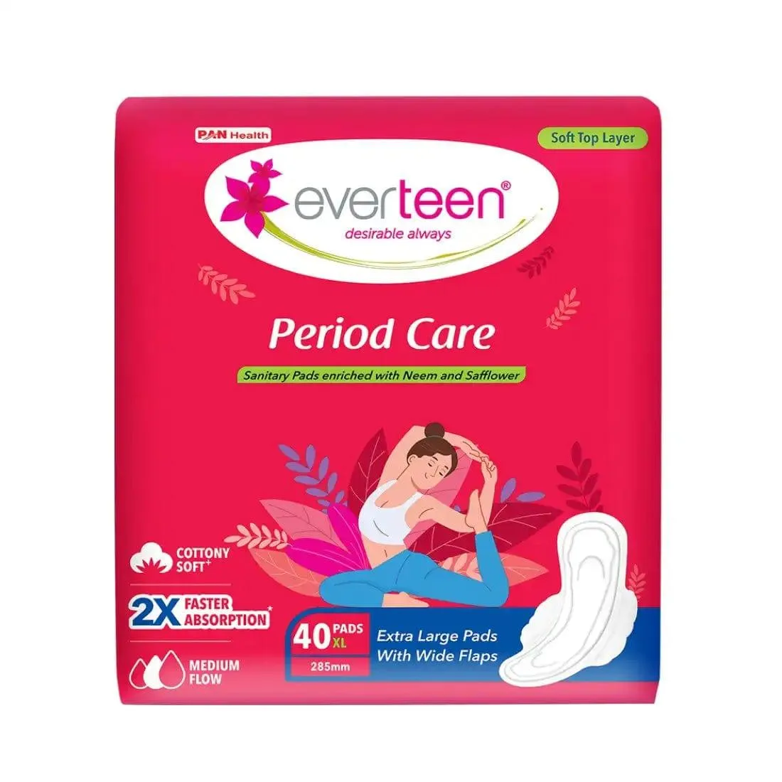everteen Period Care XL Soft 40 Sanitary Pads Enriched with Neem and Safflower For Medium Flow