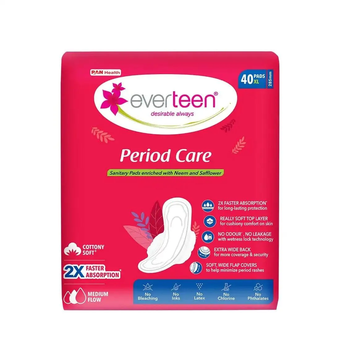 everteen Period Care XL Soft 40 Sanitary Pads Enriched with Neem and Safflower For Medium Flow