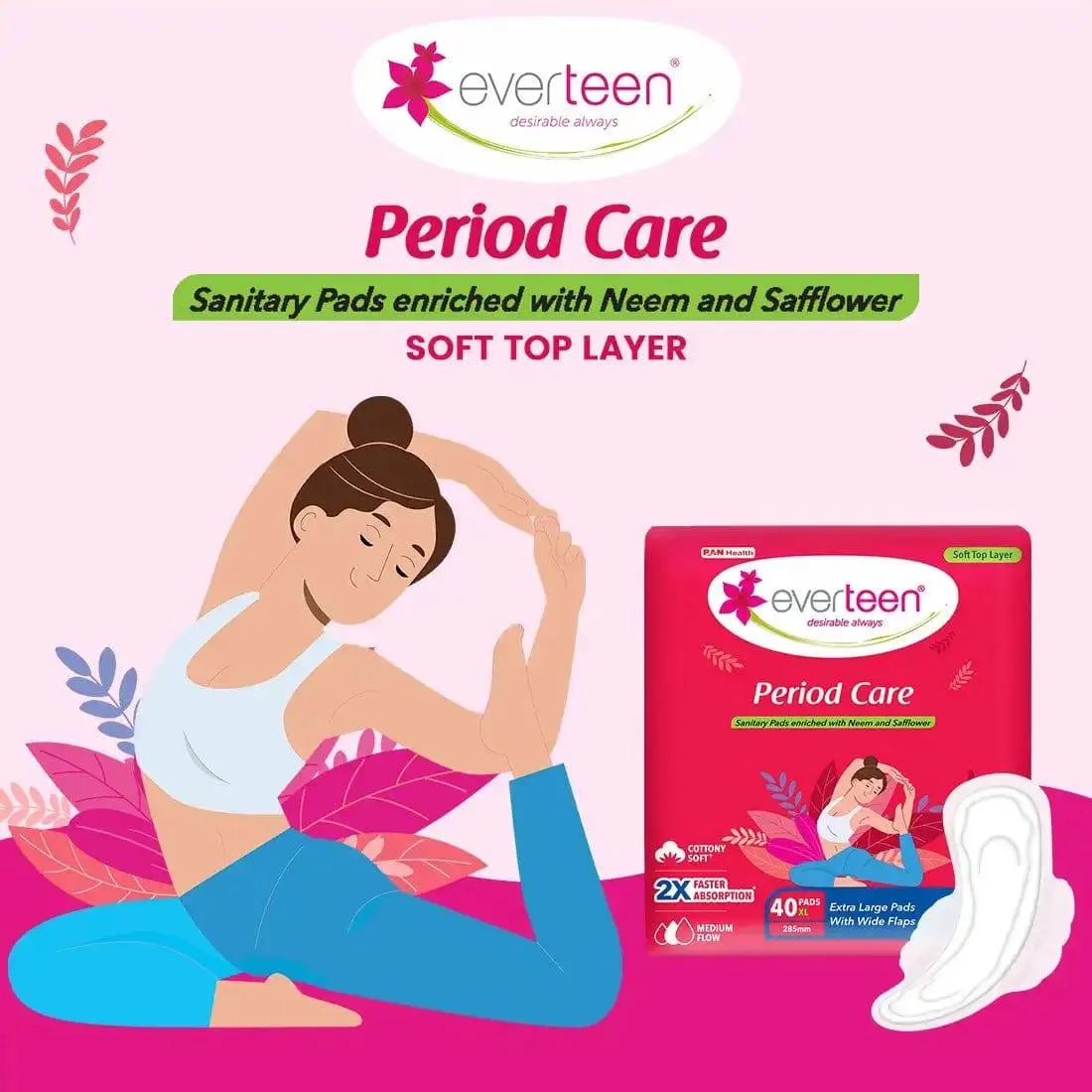 everteen Period Care XL Soft 40 Sanitary Pads Enriched with Neem and Safflower For Medium Flow