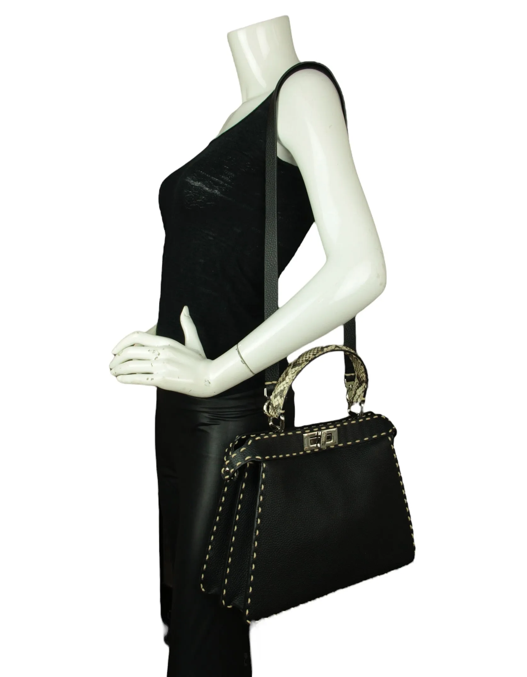 Fendi Black Selleria Peekaboo Satchel Bag w/ Snakeskin Handle