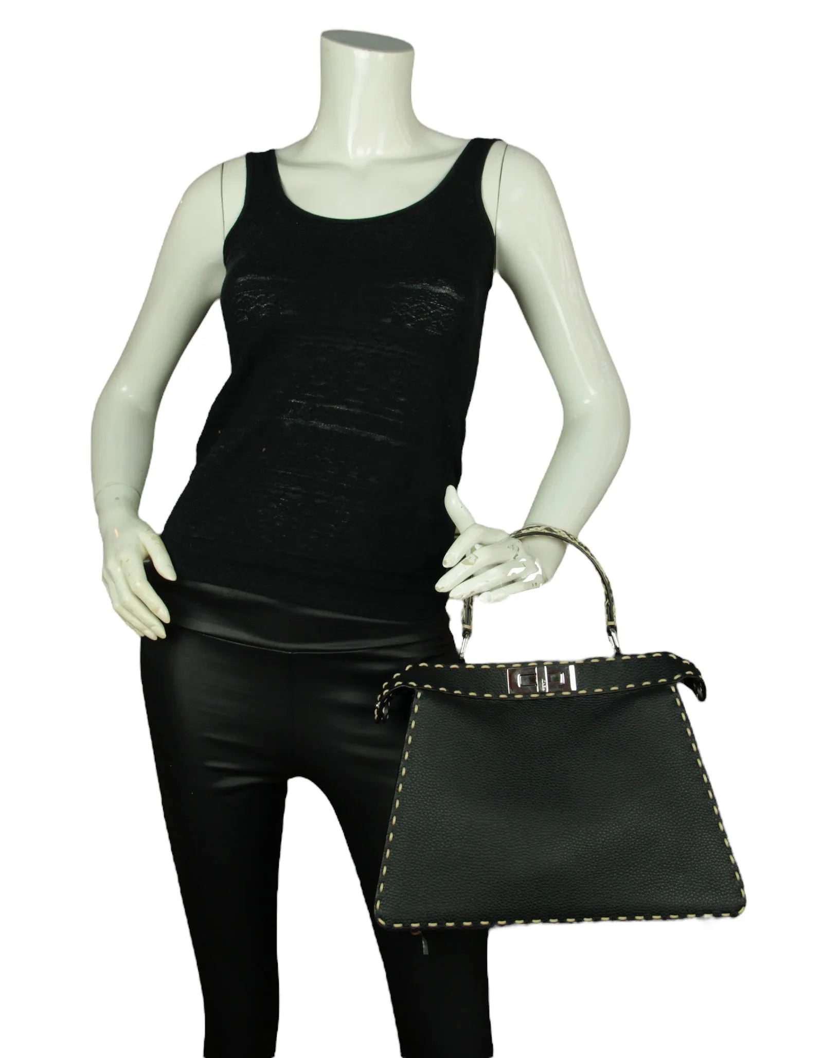 Fendi Black Selleria Peekaboo Satchel Bag w/ Snakeskin Handle