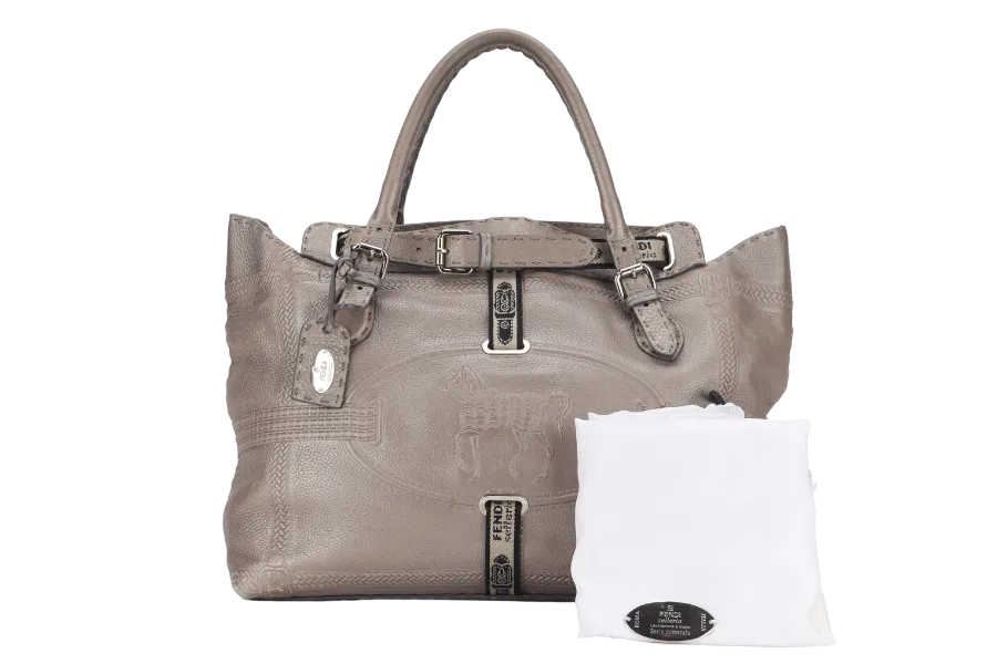 FENDI GRAND BORGHESE GREY COLOR LEATHER VILLA SELLERIA TOTE BAG WITH DUST COVER