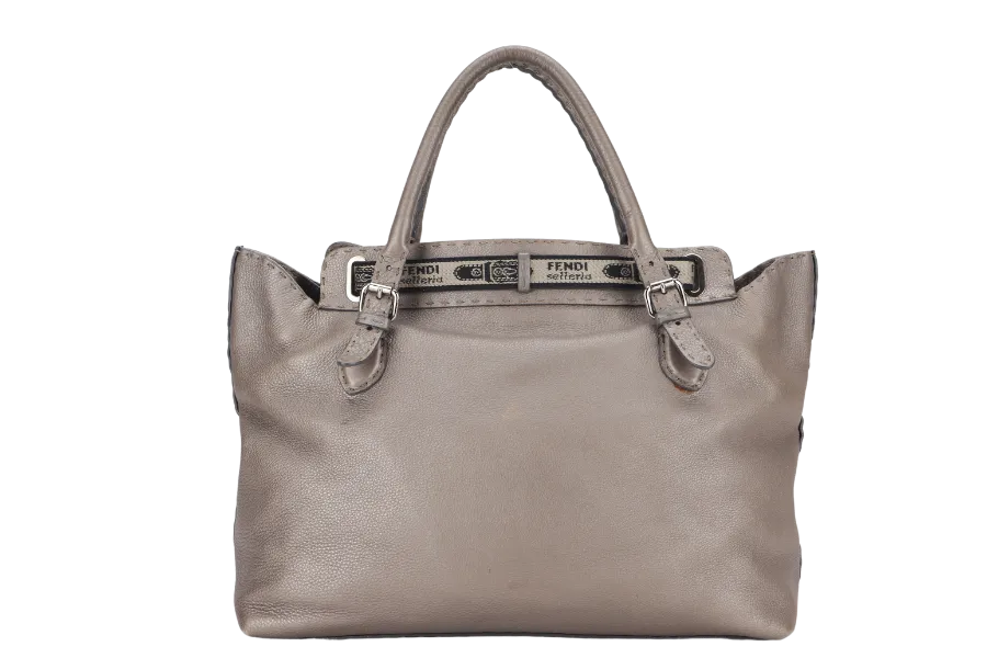 FENDI GRAND BORGHESE GREY COLOR LEATHER VILLA SELLERIA TOTE BAG WITH DUST COVER