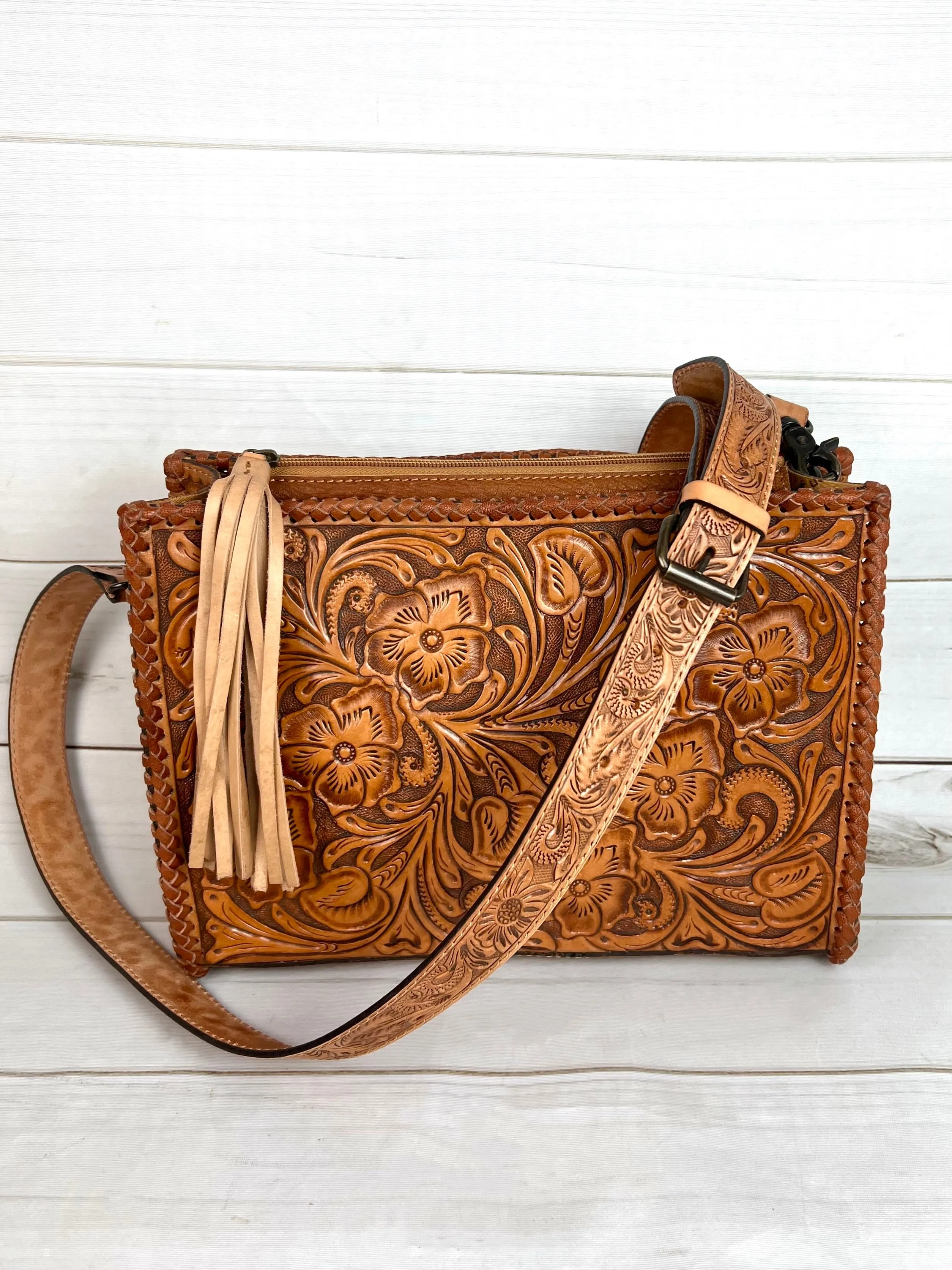 Floral Tooled Braided Border Structured Crossbody Purse