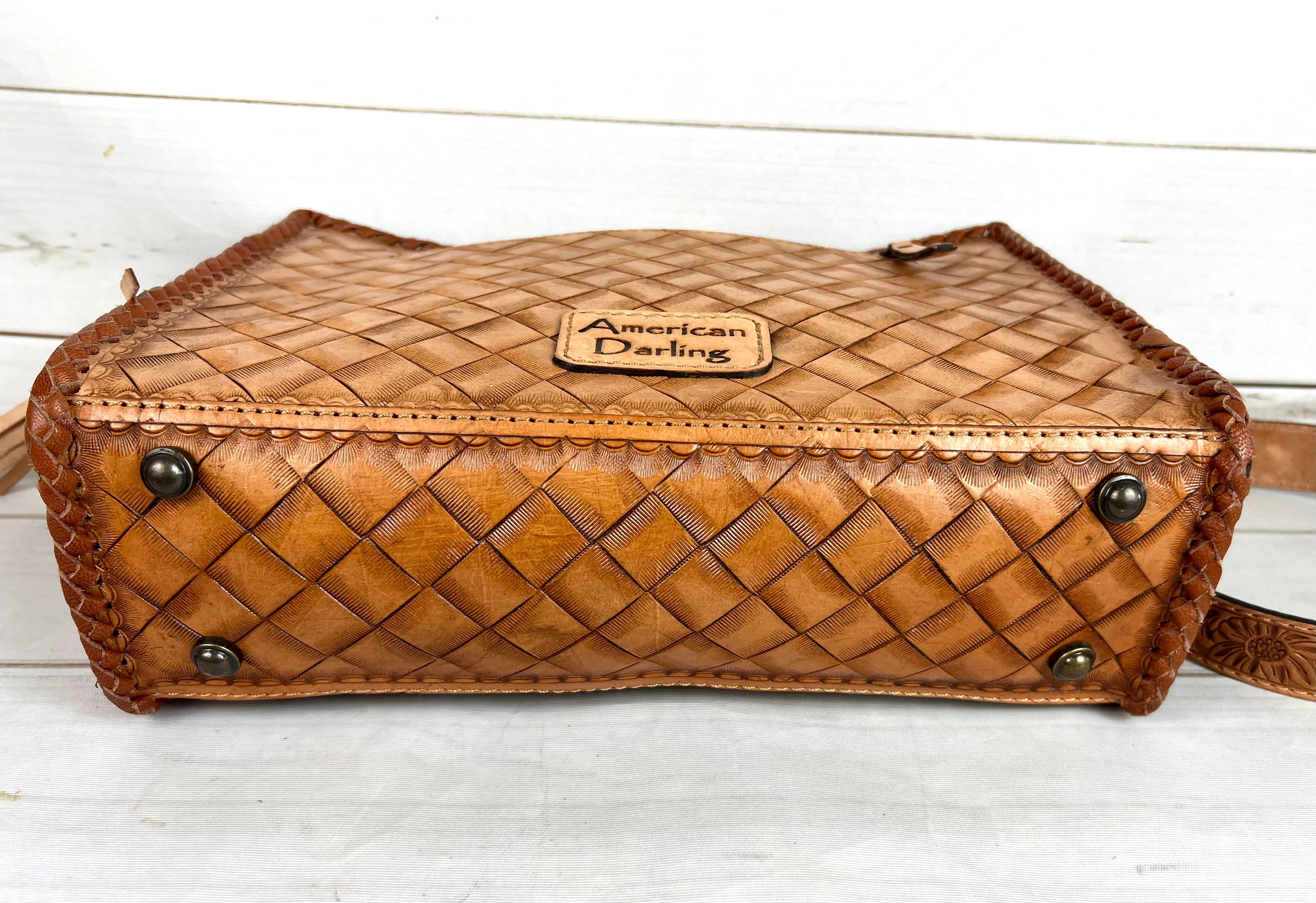 Floral Tooled Braided Border Structured Crossbody Purse