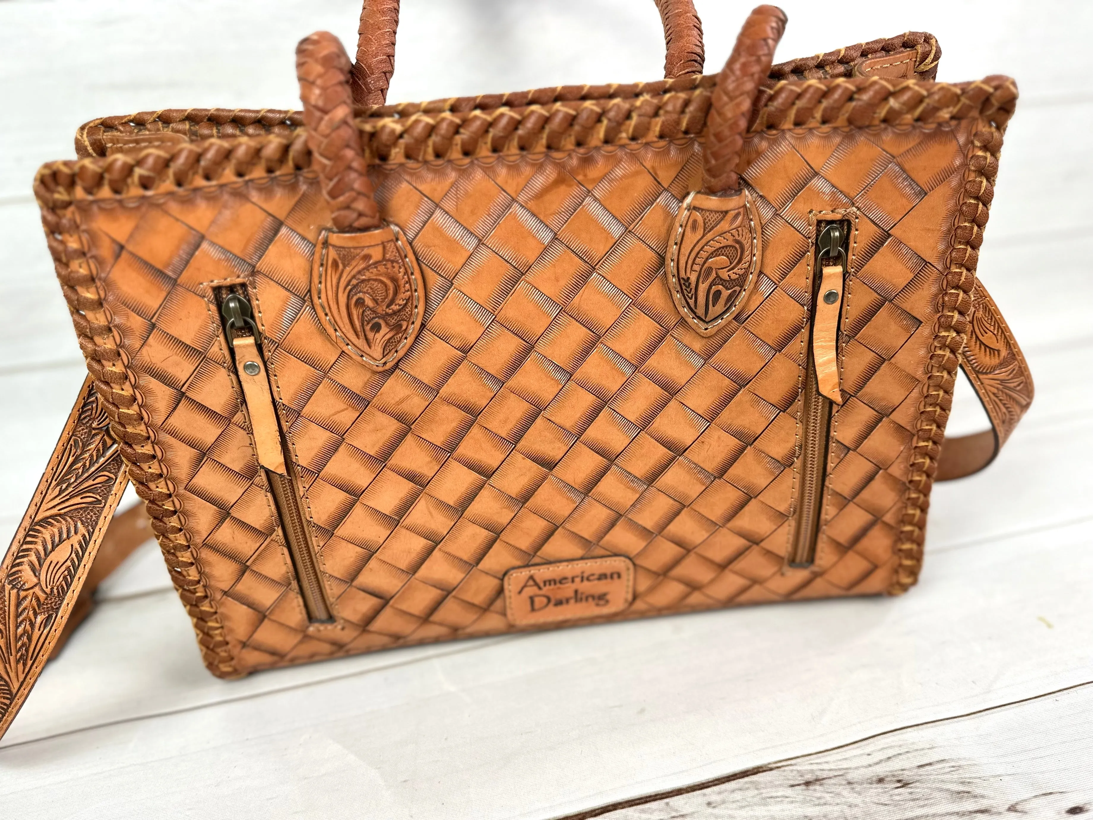 Floral Tooled Braided Border Structured Crossbody Purse