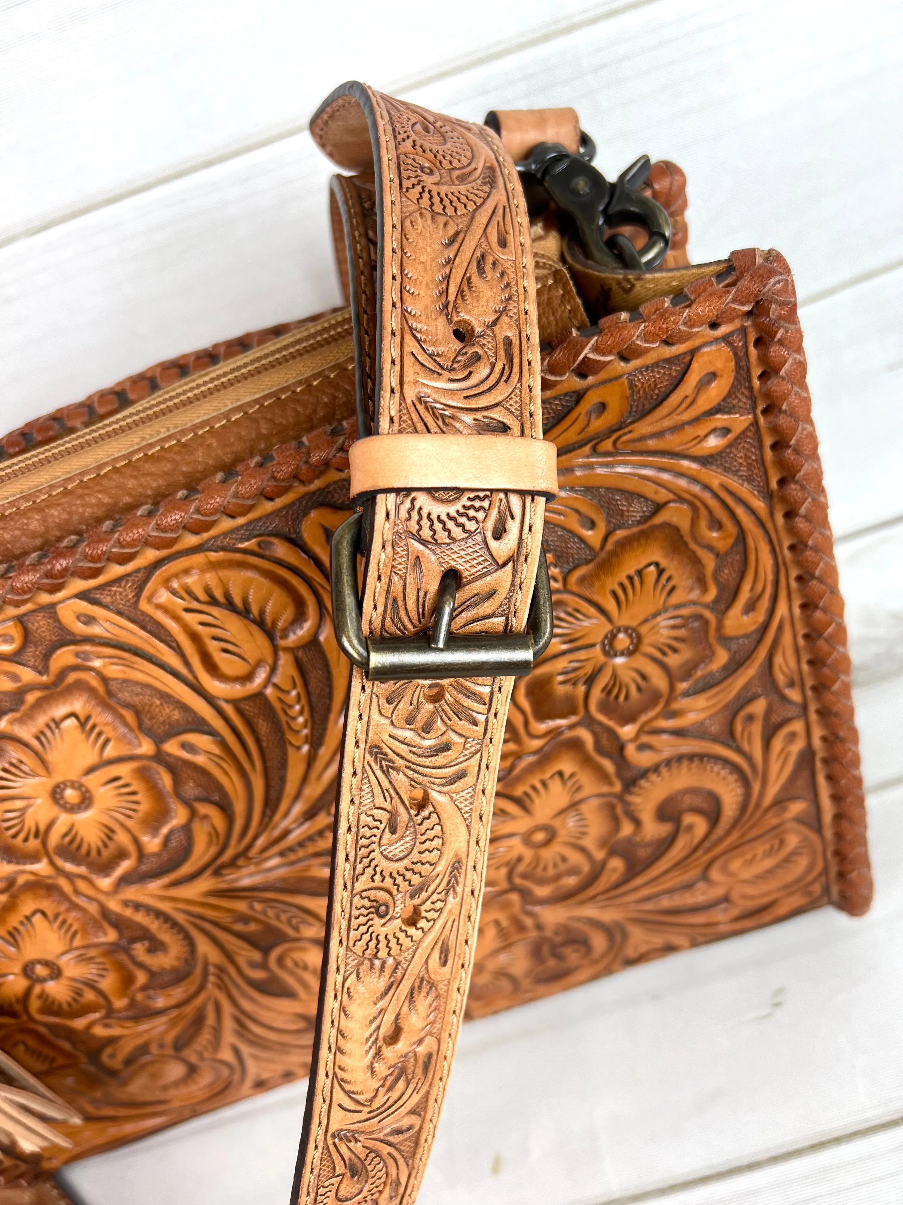 Floral Tooled Braided Border Structured Crossbody Purse