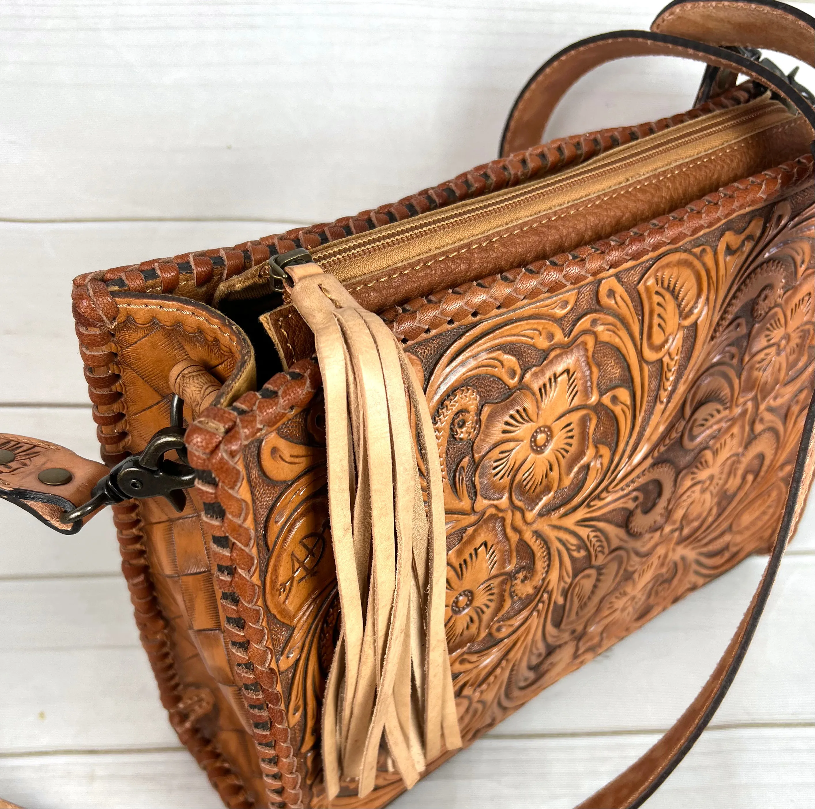 Floral Tooled Braided Border Structured Crossbody Purse