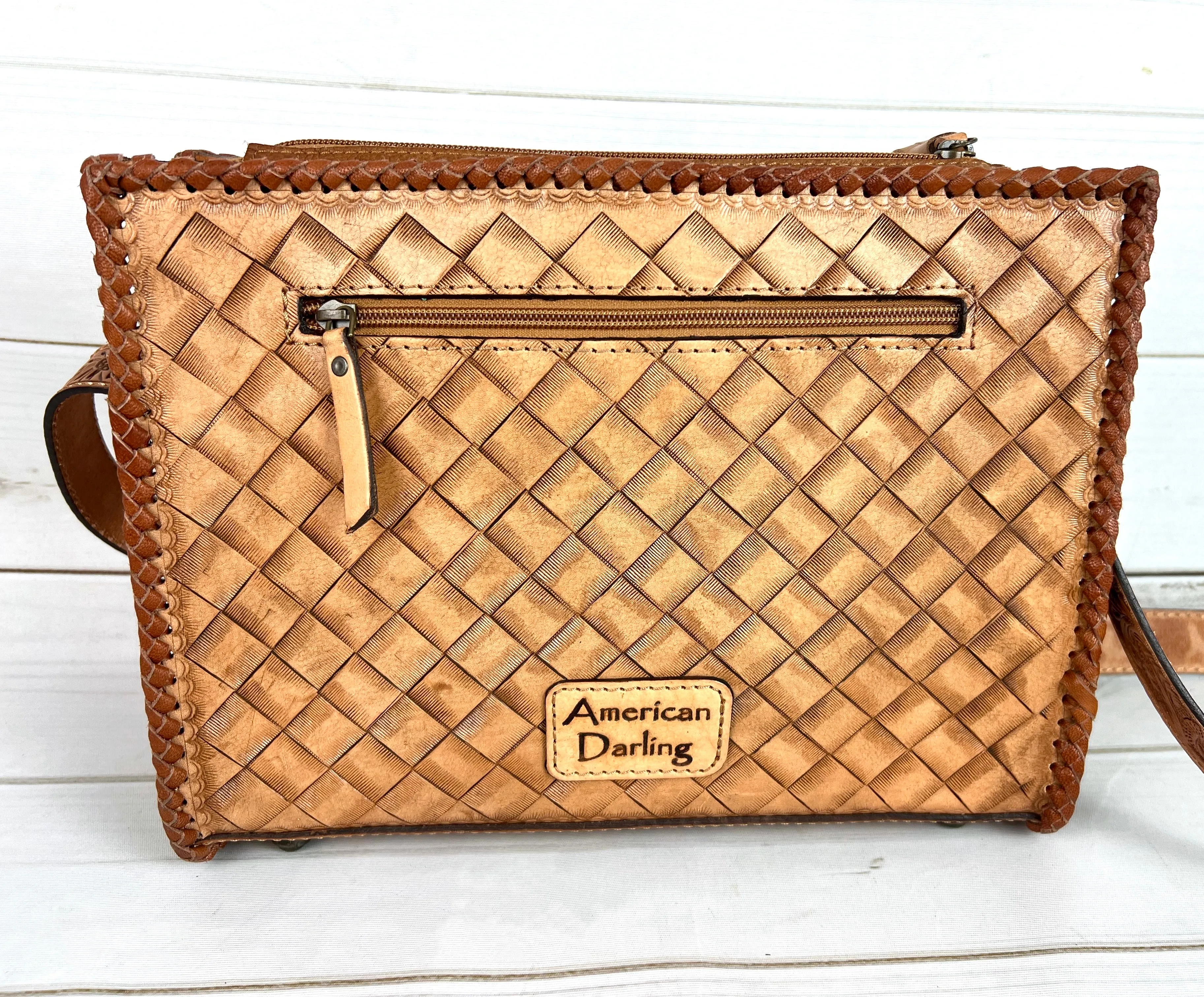Floral Tooled Braided Border Structured Crossbody Purse