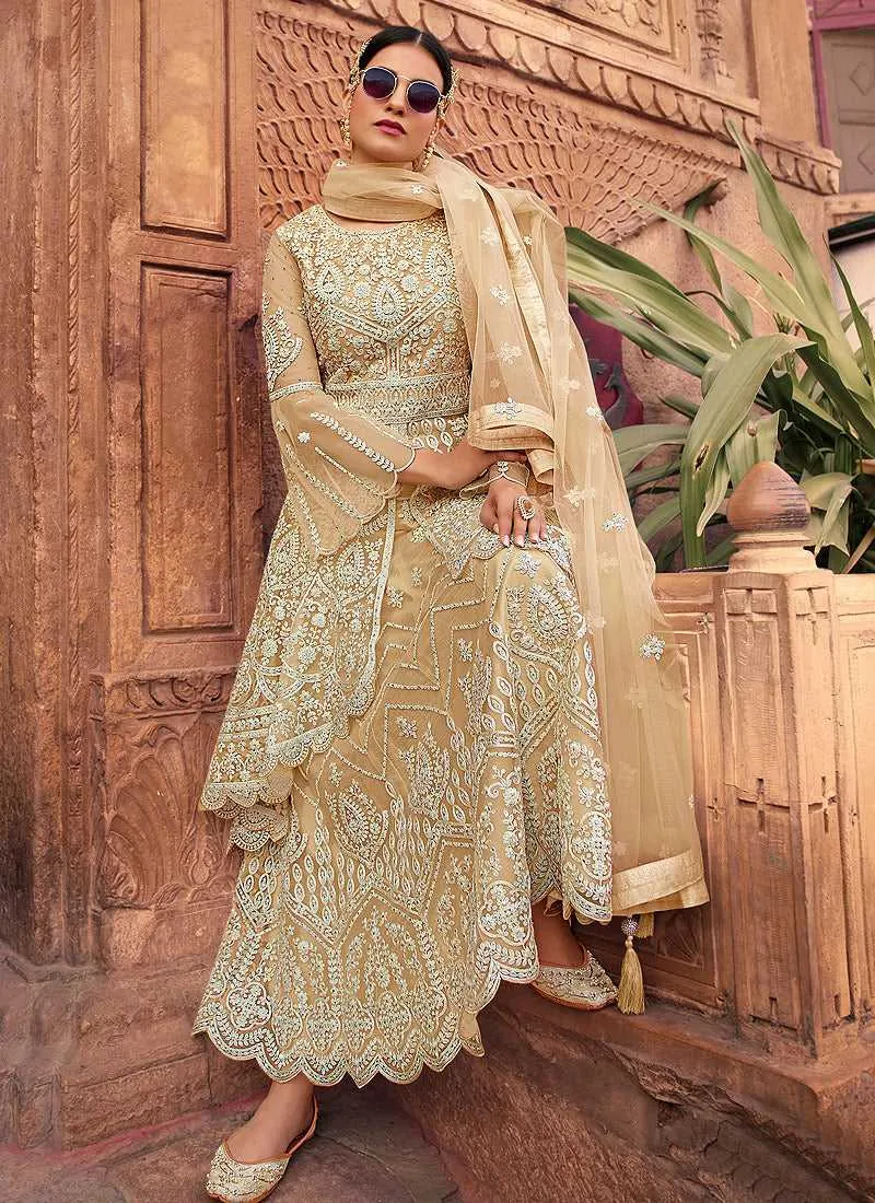 Gold Heavy Embroidered Designer Sharara Style Suit
