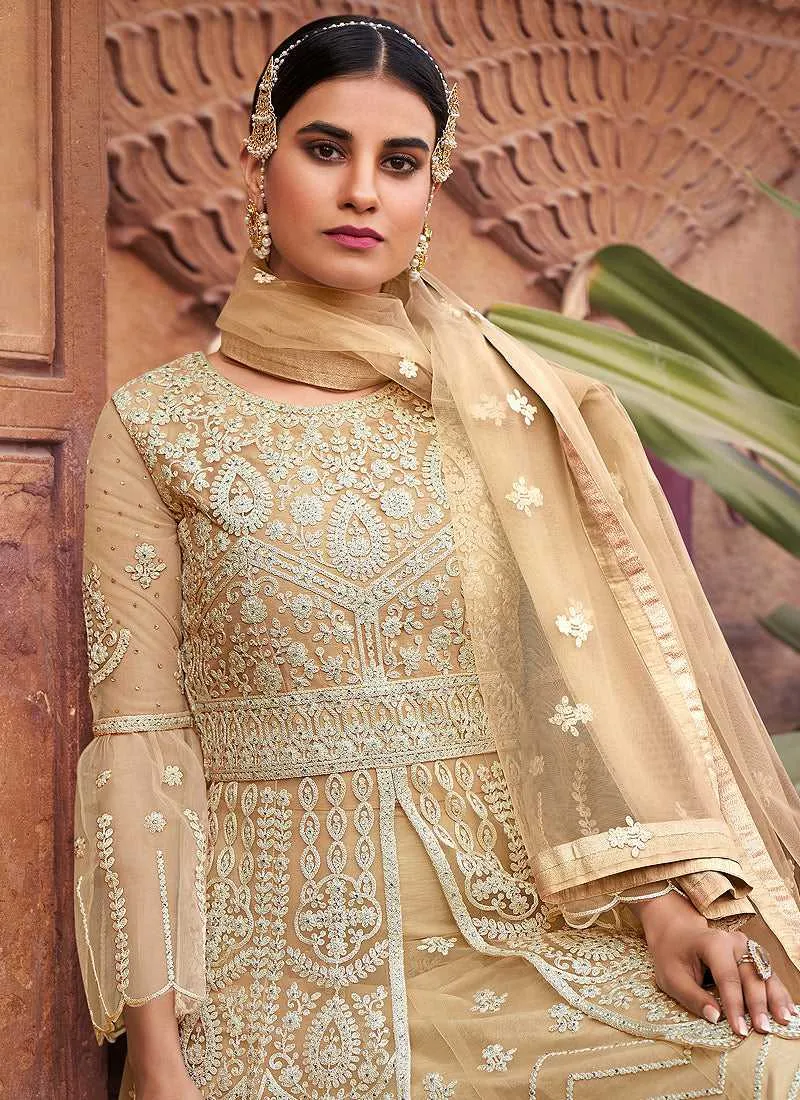 Gold Heavy Embroidered Designer Sharara Style Suit