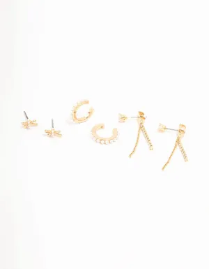 Gold Plated Brass Bow, Freshwater Pearl Cuff & Cubic Zirconia Cup Chain Earrings 3-Pack