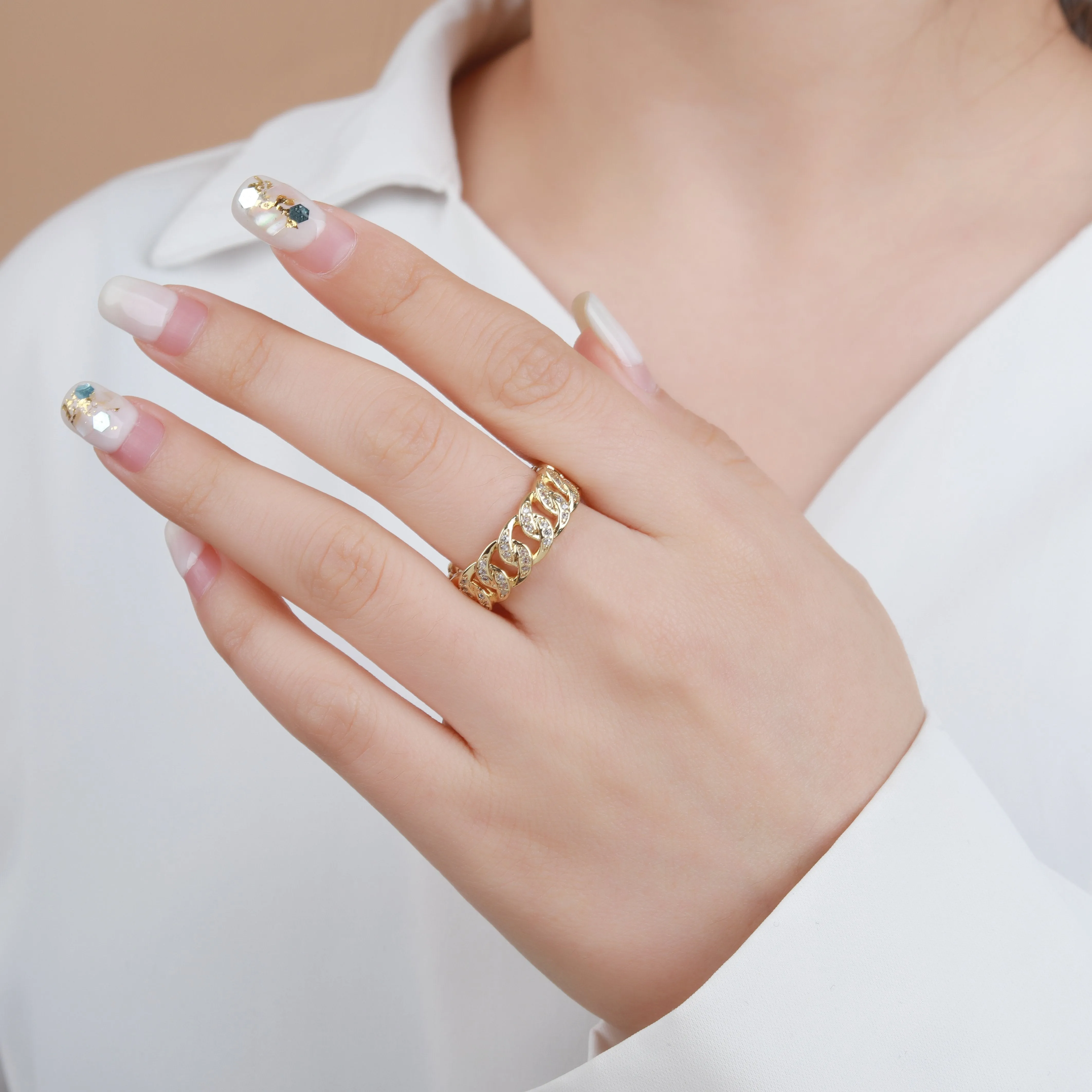 Gold Plated Micro Pave Cuban, Curb Link Trendy Adjustable Ring