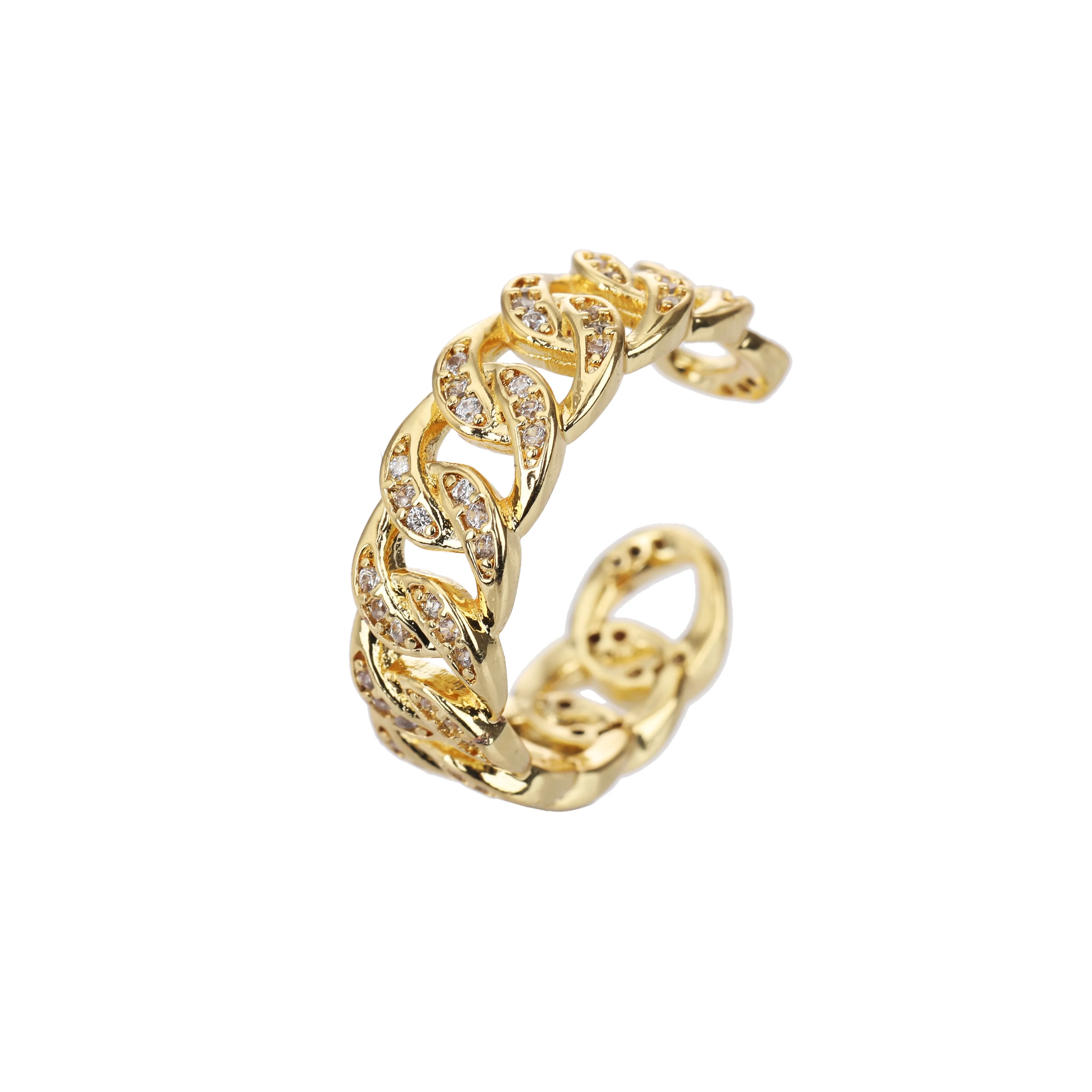 Gold Plated Micro Pave Cuban, Curb Link Trendy Adjustable Ring