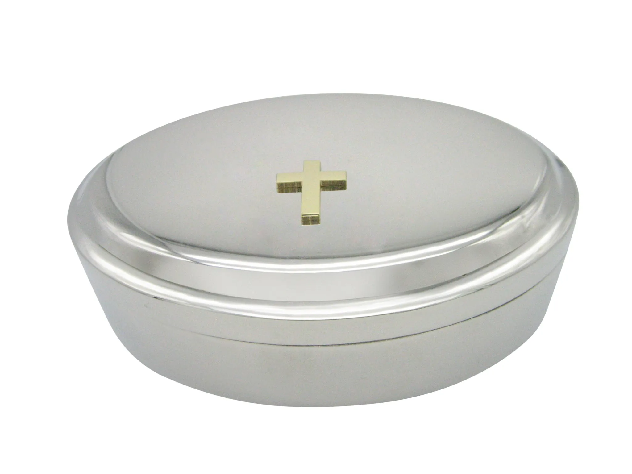 Gold Toned Classic Religious Cross Pendant Oval Trinket Jewelry Box