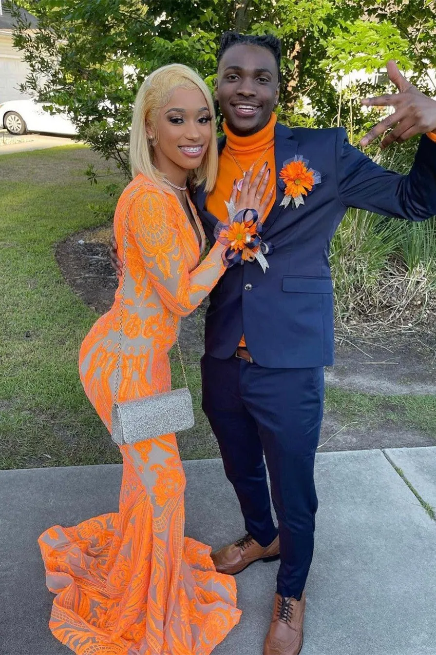Gorgeous Mermaid V-neck Orange Sparkle Prom Dresses