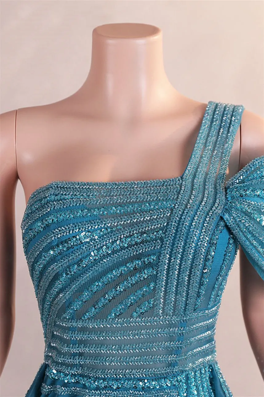Gorgeous One shoulder Dusty Sage Prom Dress Slit Long With Sequins Beads
