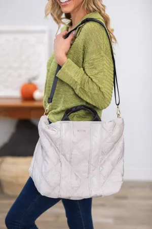 Grey Quilted Tote Bag With Crossbody Strap