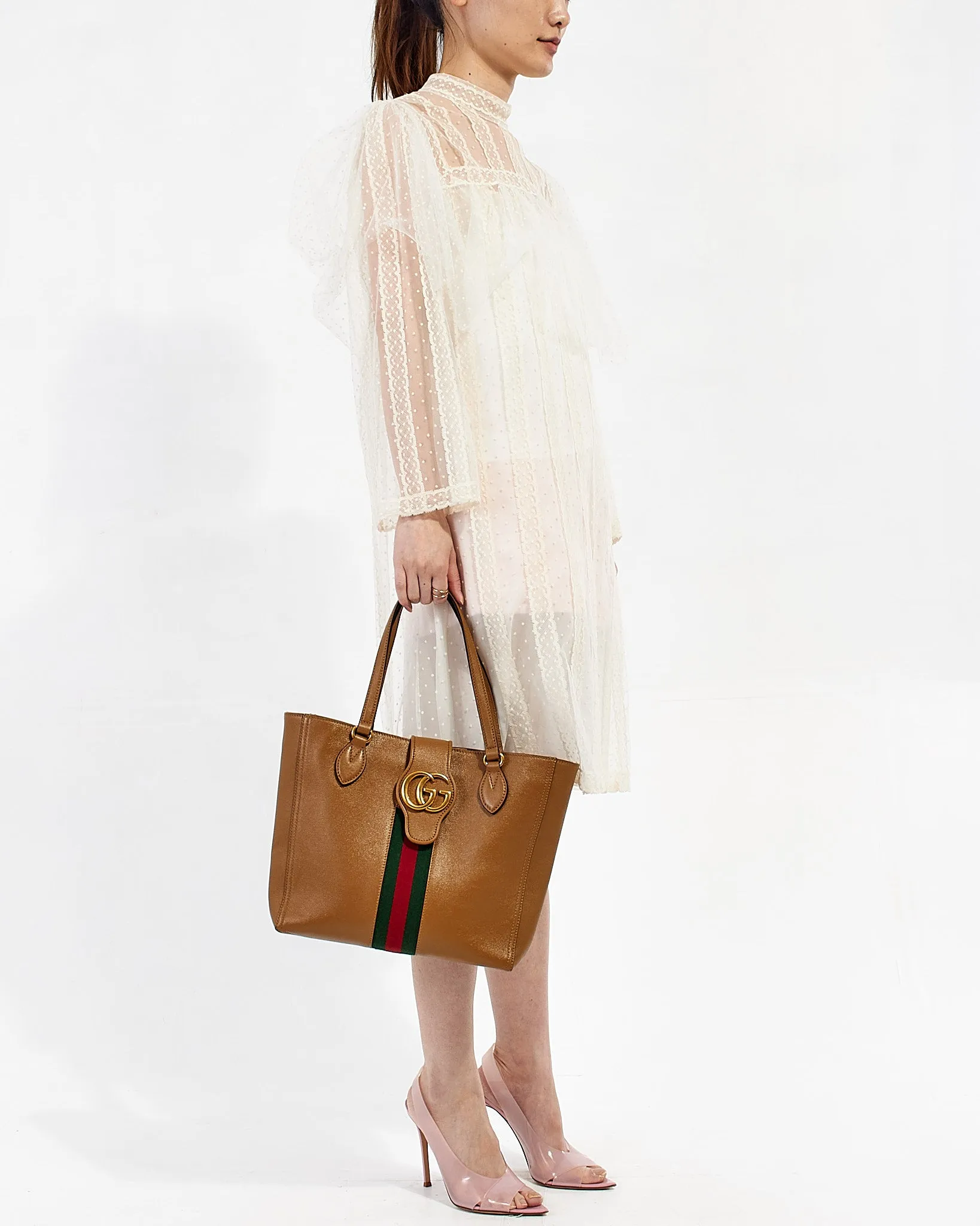 Gucci Tan Leather Marmont Web Dahlia Tote