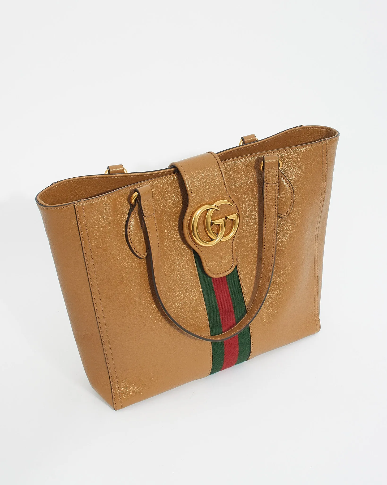 Gucci Tan Leather Marmont Web Dahlia Tote