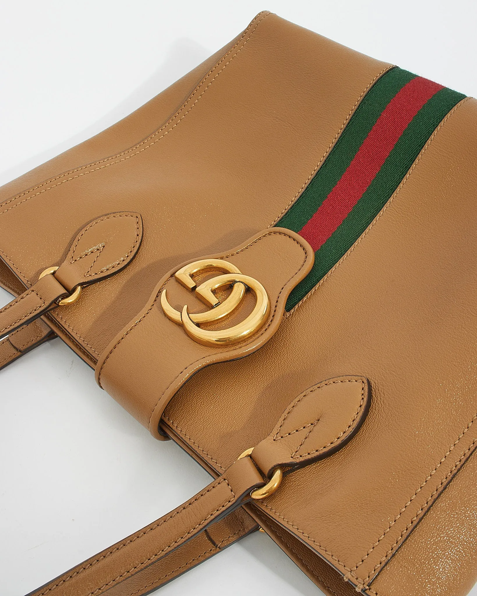 Gucci Tan Leather Marmont Web Dahlia Tote