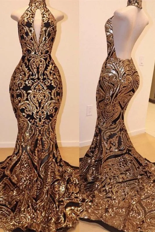 Halter Keyhole Neckline Sequins Appliques Mermaid Prom Dresses
