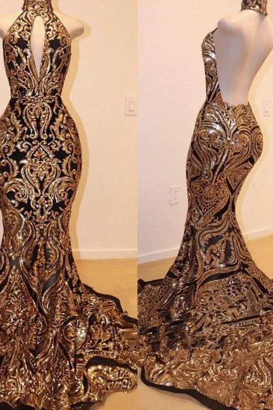 Halter Keyhole Neckline Sequins Appliques Mermaid Prom Dresses