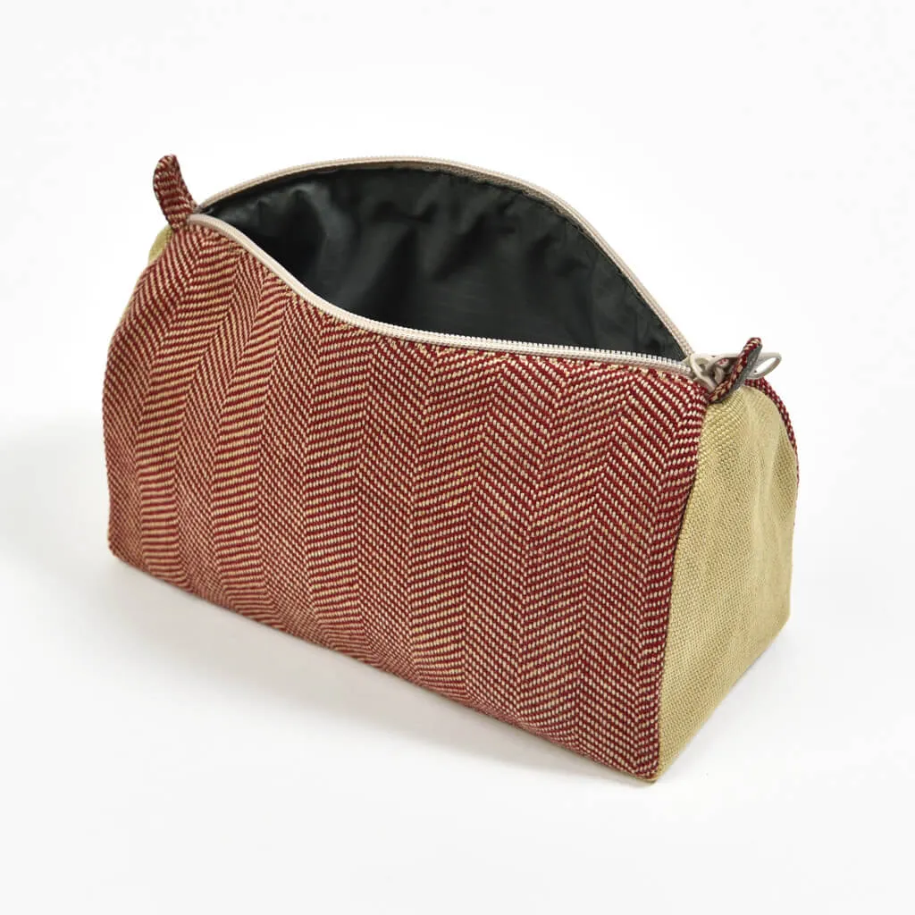 Hand Woven Cosmetic Bag | Maroon & Khaki Herringbone