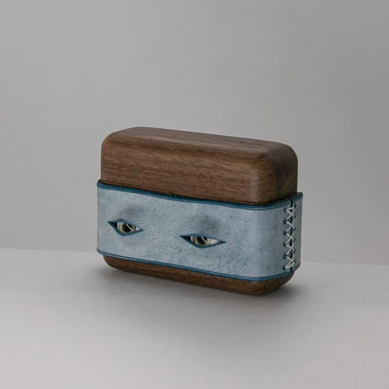 Handmade Blue Leather Coffee Wood AirPods Pro Case with Eyes Custom Leather AirPods Pro Case Airpod Case Cover