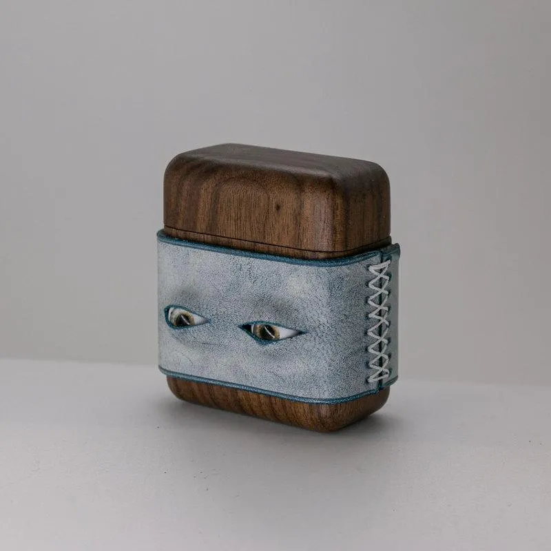 Handmade Blue Leather Coffee Wood AirPods Pro Case with Eyes Custom Leather AirPods Pro Case Airpod Case Cover