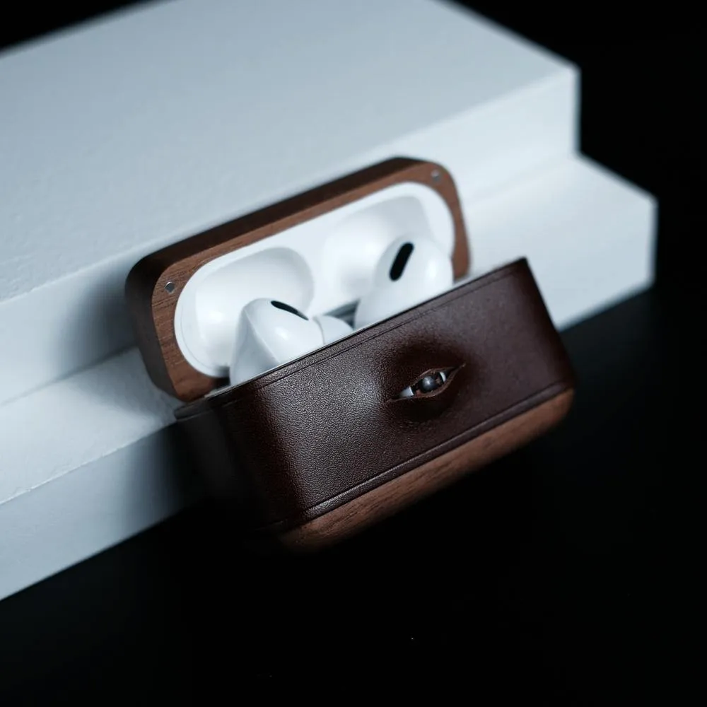 Handmade Coffee Leather Wood AirPods 1,2 Case with Eye Custom Leather AirPods 1,2 Case Airpod Case Cover