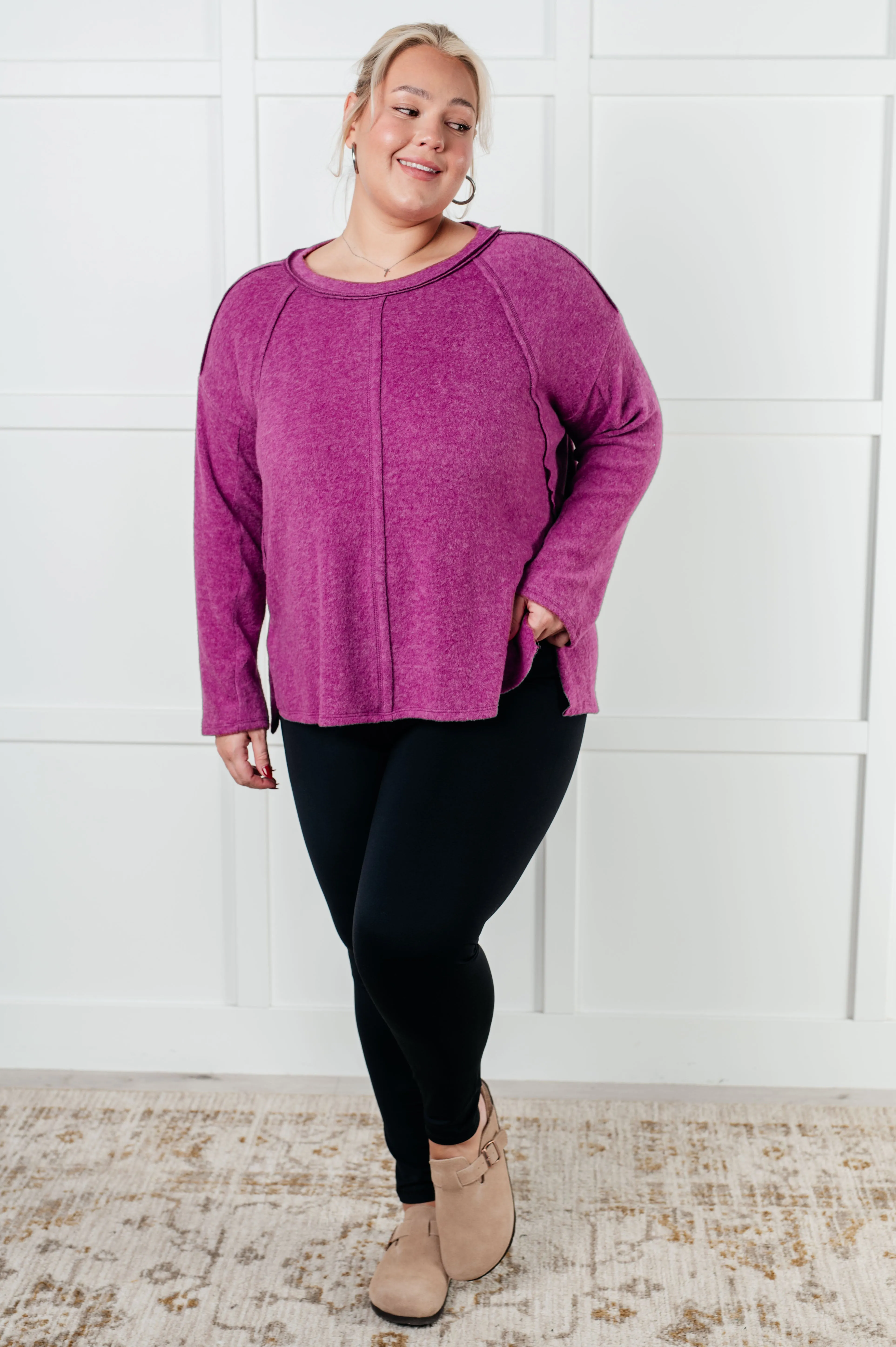 Hazel Blues® |  Simple Silhouette Brushed Hacci Sweater in Light Plum