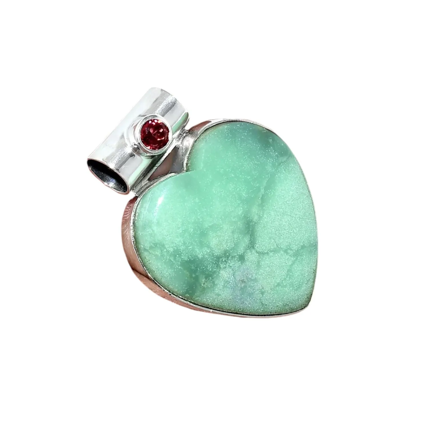 HEART Chrysoprase & Garnet Solid 925 Sterling Silver Pendant